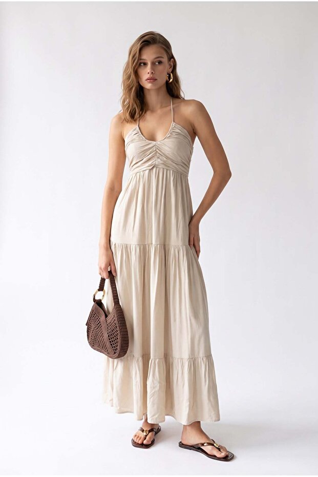 2204 Women's Halter Neck Lined Gathered Maxi Dress Beige