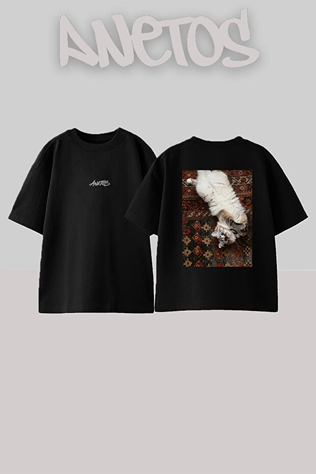 Tuylu Cat_1 Design Back Printed Cotton Black Oversize T-Shirt