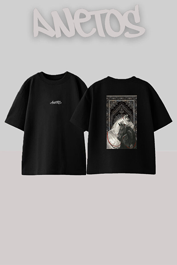 Horses Hali_2 Design Back Printed Cotton Black Oversize T-Shirt