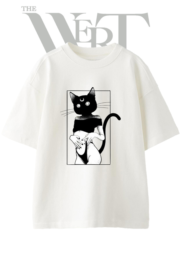 Luna Cat Girl Design Printed Unisex White Oversize T-Shirt