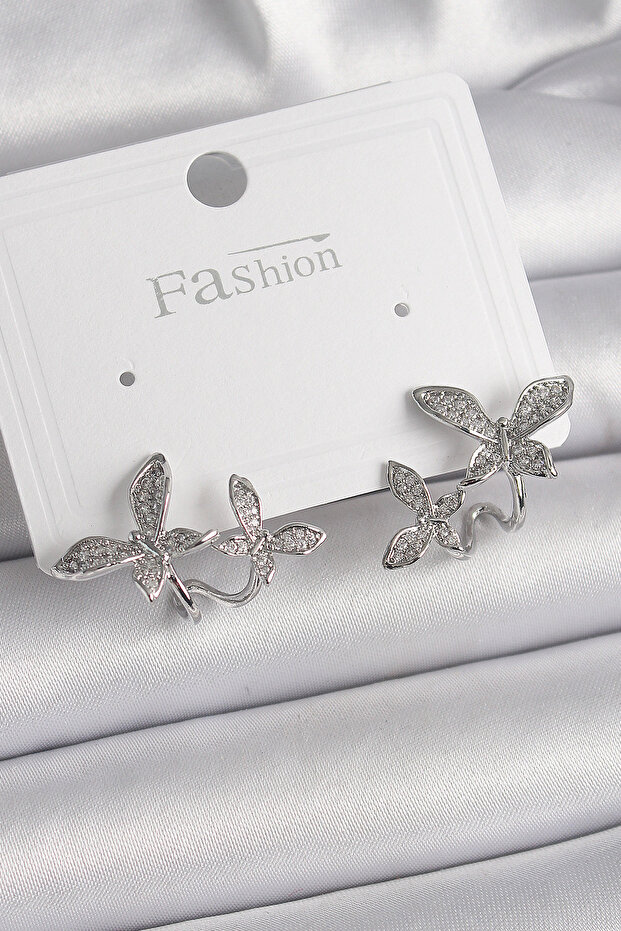 Brass Silver Color Zircon Stone Butterfly Model Women's Earrings