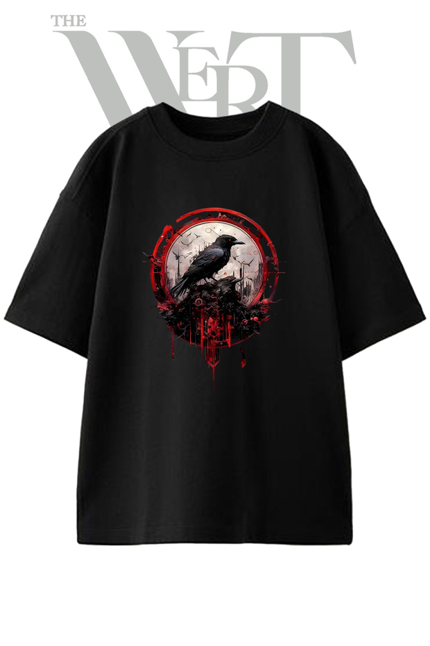 Kuzgun Gothic Design Printed Unisex Black Oversize T-Shirt
