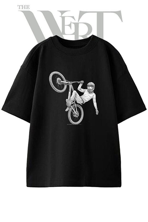 Bmx Stunt Design Printed Unisex Black Oversize T-Shirt