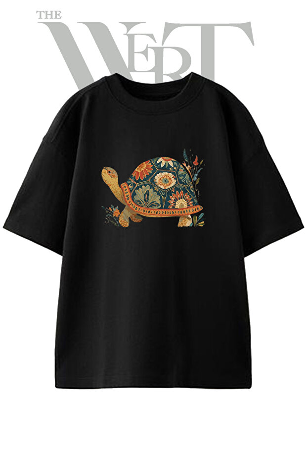 تي شيرت أسود كبير الحجم مطبوع عليه تصميم Floral Turtle للجنسين