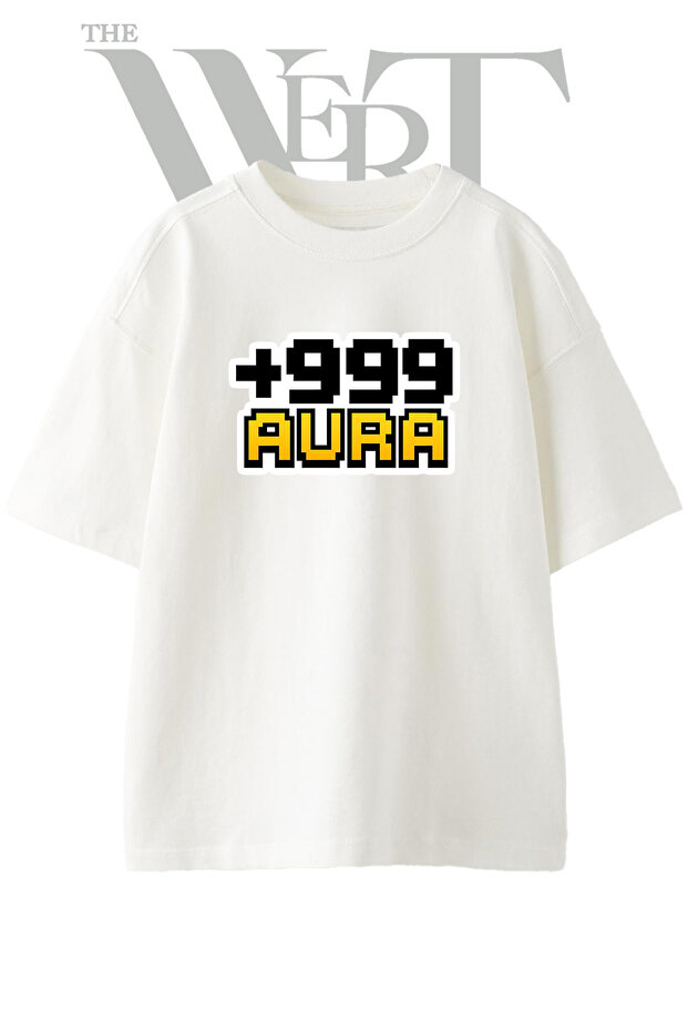 تي شيرت أبيض كبير الحجم مطبوع بتصميم Pixel Art Aura للجنسين