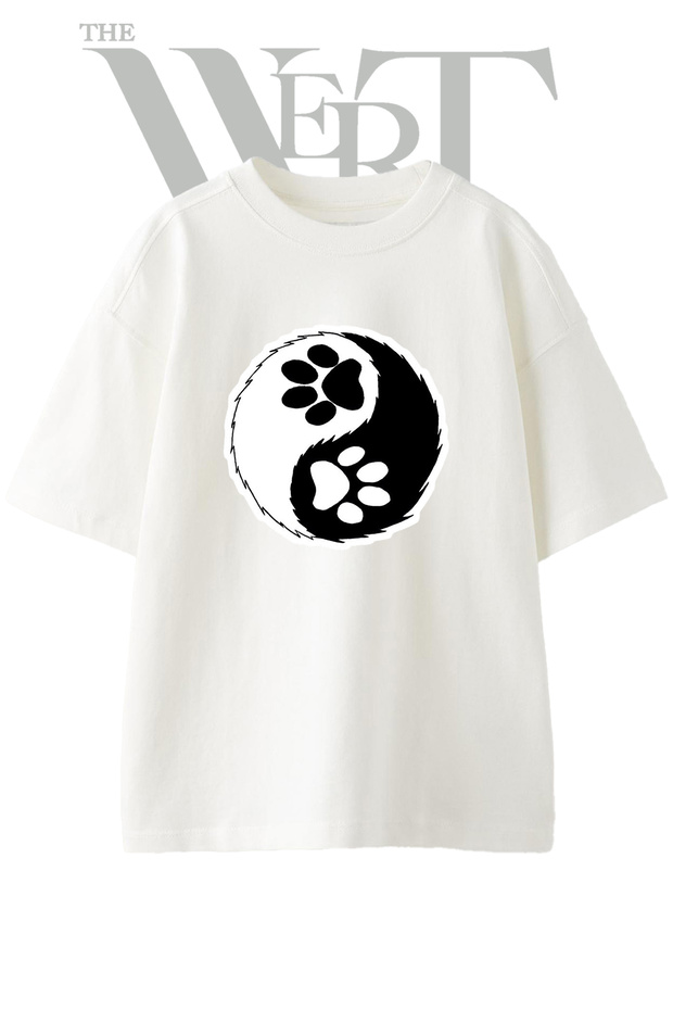 Yin Yang Paw Design Printed Unisex White Oversize T-Shirt