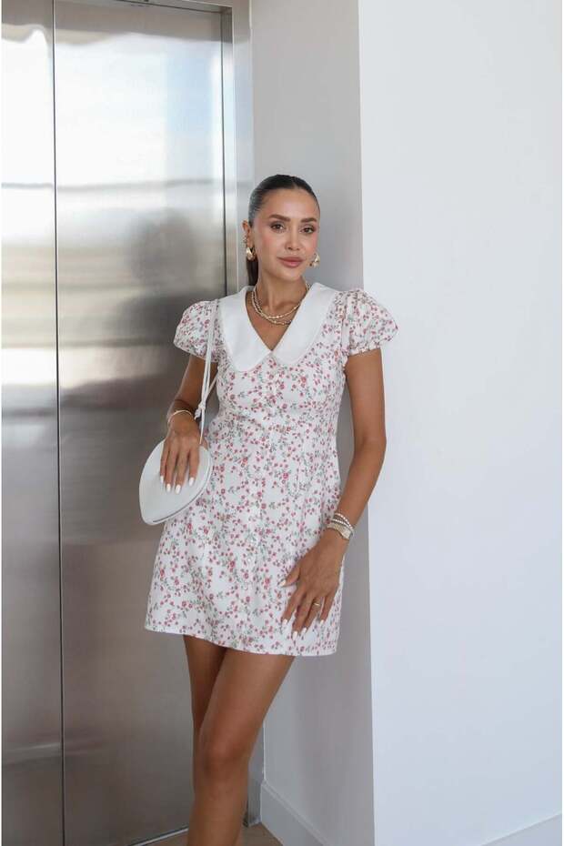 Ecru Floral Baby Collar Mini Dress