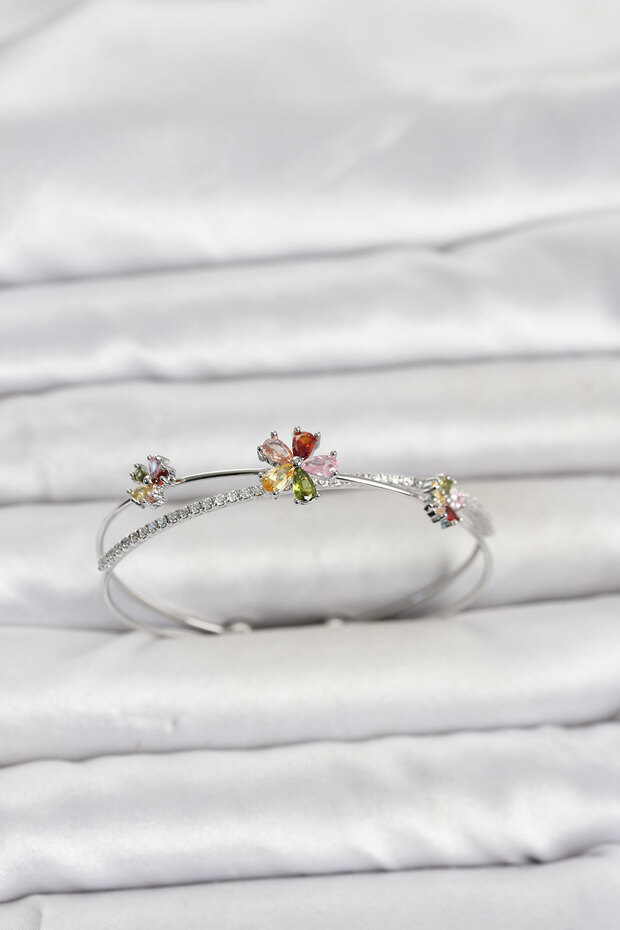 Brass Silver Color Colorful Flower Model Women's Bracelet