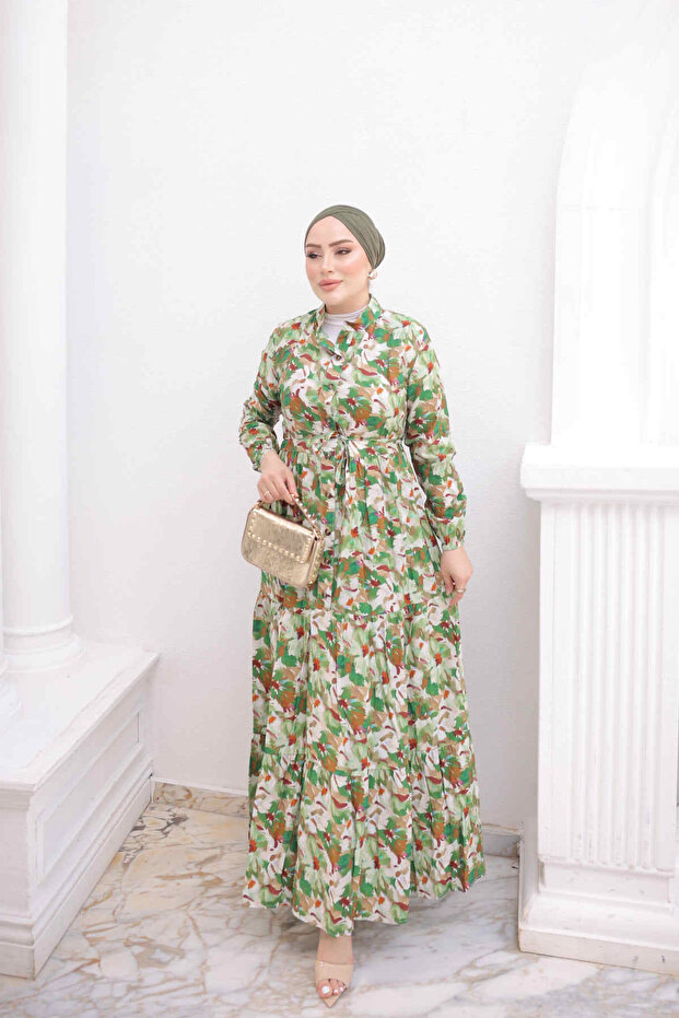 Green Half Buttoned Sleeves Elastic Skirt Layered Dress
