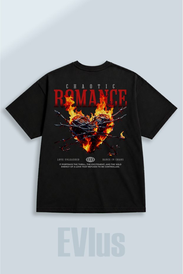 Oversize Chaotic Romance Printed 100% Cotton Crew Neck Loose Fit Black T-Shirt