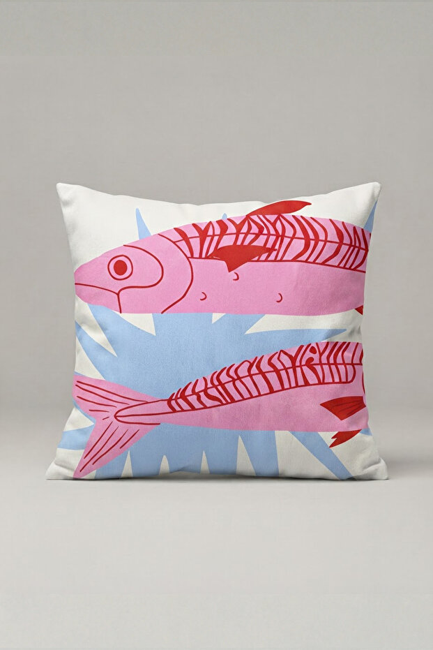 Pink Blue Fish Patterned Cushion Cover 285 – Pink Ocean Fish Design 45X45 cm