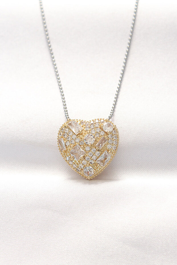 316L Steel Double Color Zircon Stone Heart Necklace