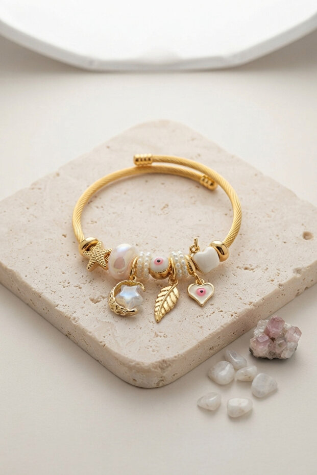 Moon Star and Heart Model White Charm Women's Bracelet -