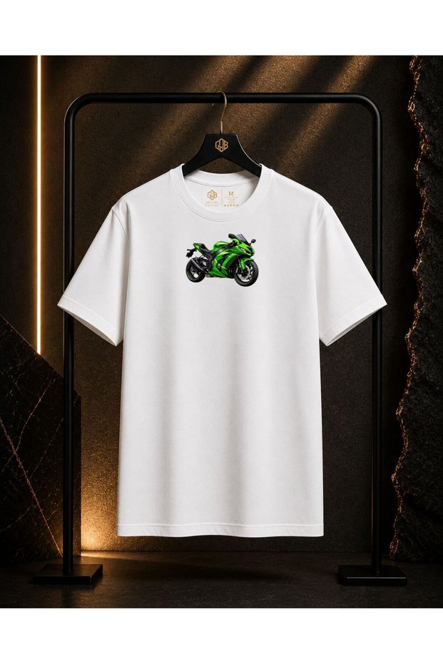 Unisex Green Motor Printed 100% Cotton Oversize Crew Neck Short Sleeve T-Shirt White