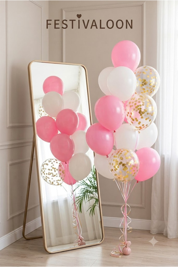 Set of 20 Pink White Gold Confetti Transparent Balloons 11 Inch Birthday Party Decoration