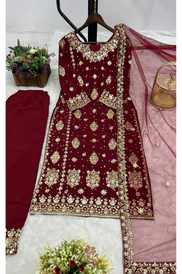 Maroon Faux Georgette Salwar Kameez & Dupatta Set - HRT5126 | Maroon-Size:M-38-Inches