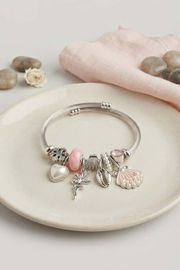 Pink Seashell Heart and Tinker Bell Charm Bracelet
