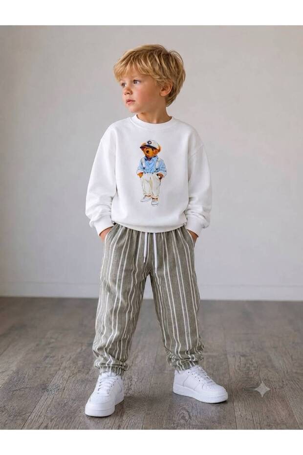Boy's Teddy Bear Printed Sweatshirt Linen Trousers Top and Bottom Set