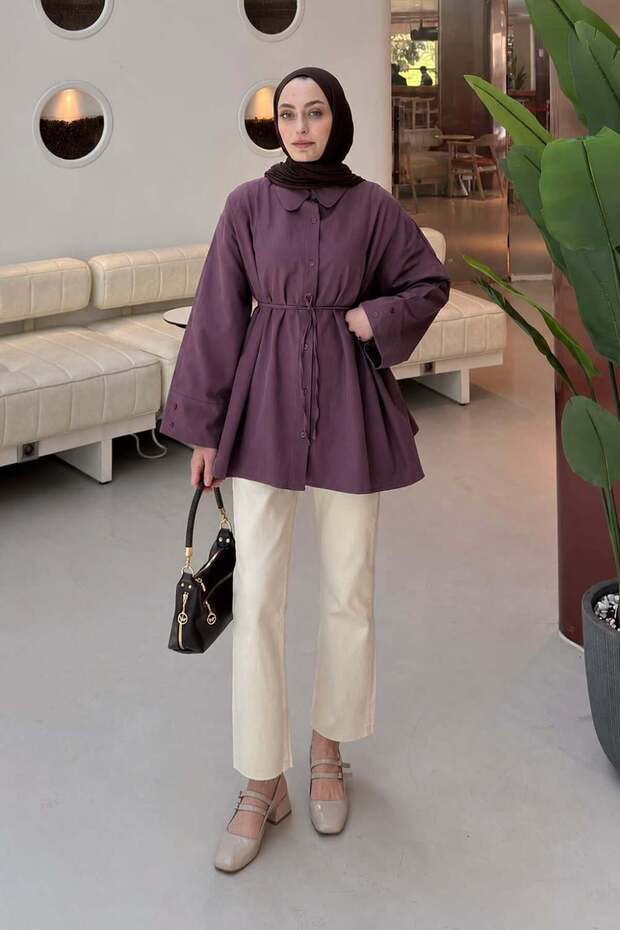 Fake Cuff Shirt with Tie Detail Plum