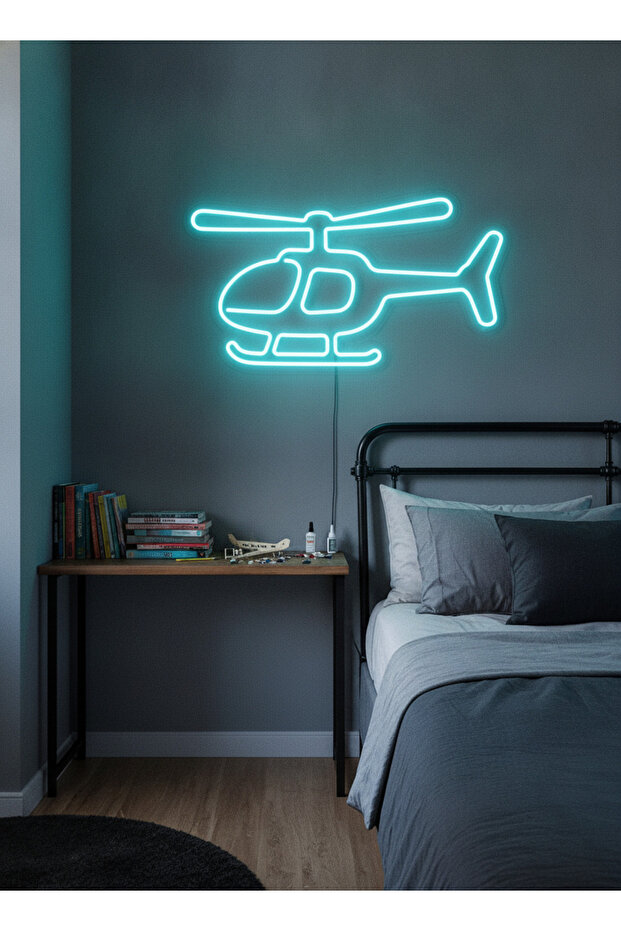 Helikopter Figürlü LED Neon Duvar Tablosu | Mavi Aydınlatmalı Modern Dekor | Genç Odası - 2