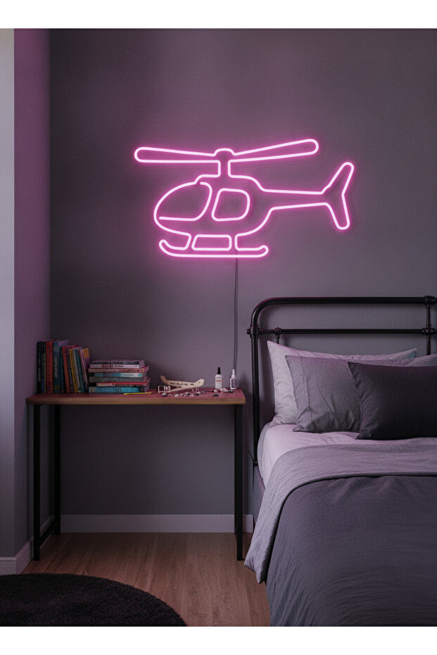 Helikopter Figürlü LED Neon Duvar Tablosu | Pembe Aydınlatmalı Modern Dekor | Genç Odası - 2