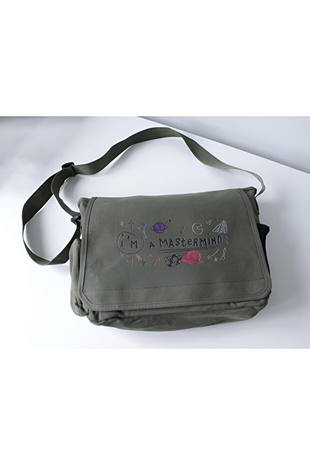 Mastermind Printed Messenger Bag Adjustable Belt and Zippered Pockets