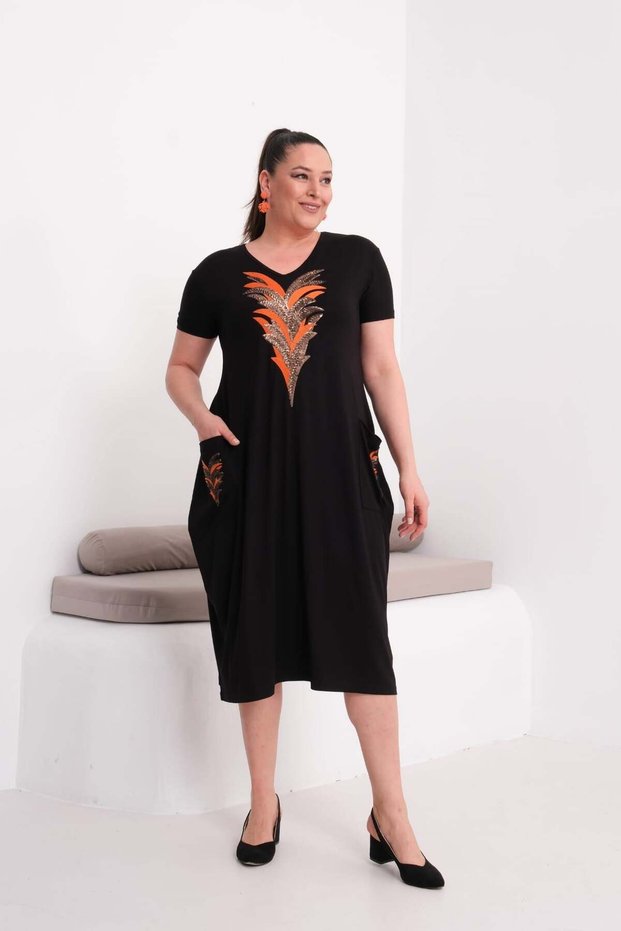 Women's Orange Embroidery Detailed Sequin Embroidered Combed Cotton Stylish Dress