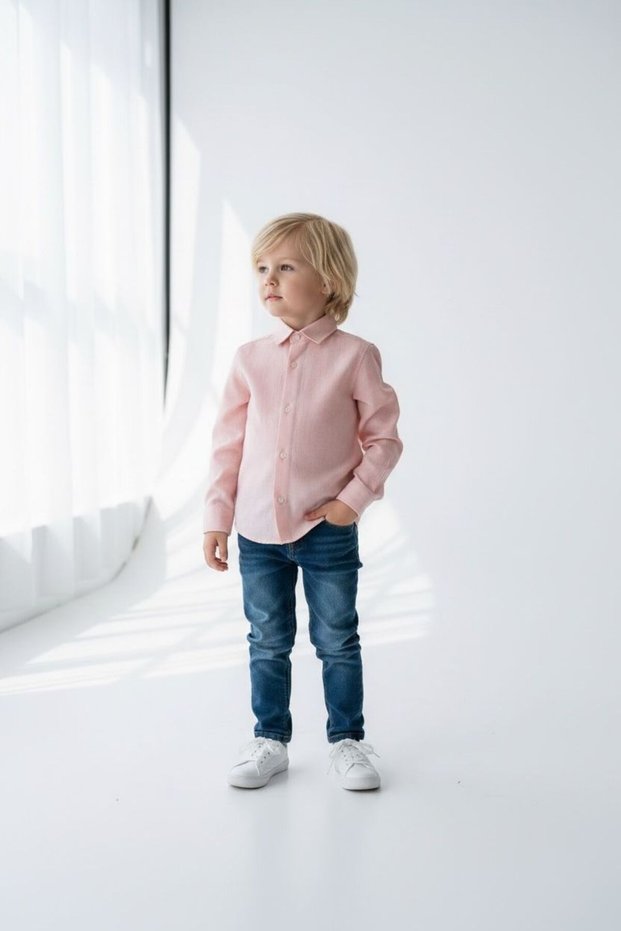 Boy's Powder Pink Flared Cotton Linen Shirt - Regular Fit Summer Special Occasion Ages 3-14