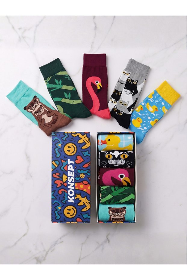 Cute Animals Right and Left Different 5-Piece Boxed Sock Set