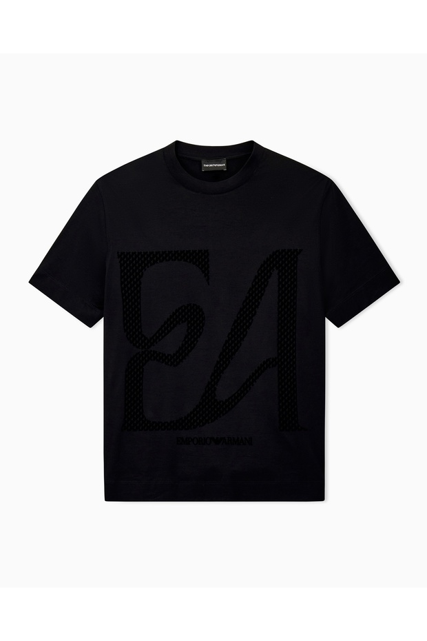 Men's Regular Fit Round Neck Large Velvet Logo Short Sleeve Black T-Shirt