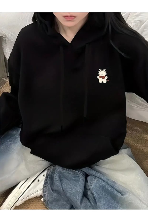 Women's Black Figure Plush Printed 3 Thread Hooded Hoodie Sweatshirt