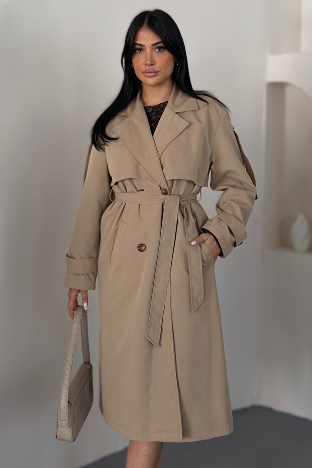 Women's Long Linen Trench Coat | Double-Breasted Collar Belted Double-Button Oversized Trench Coat