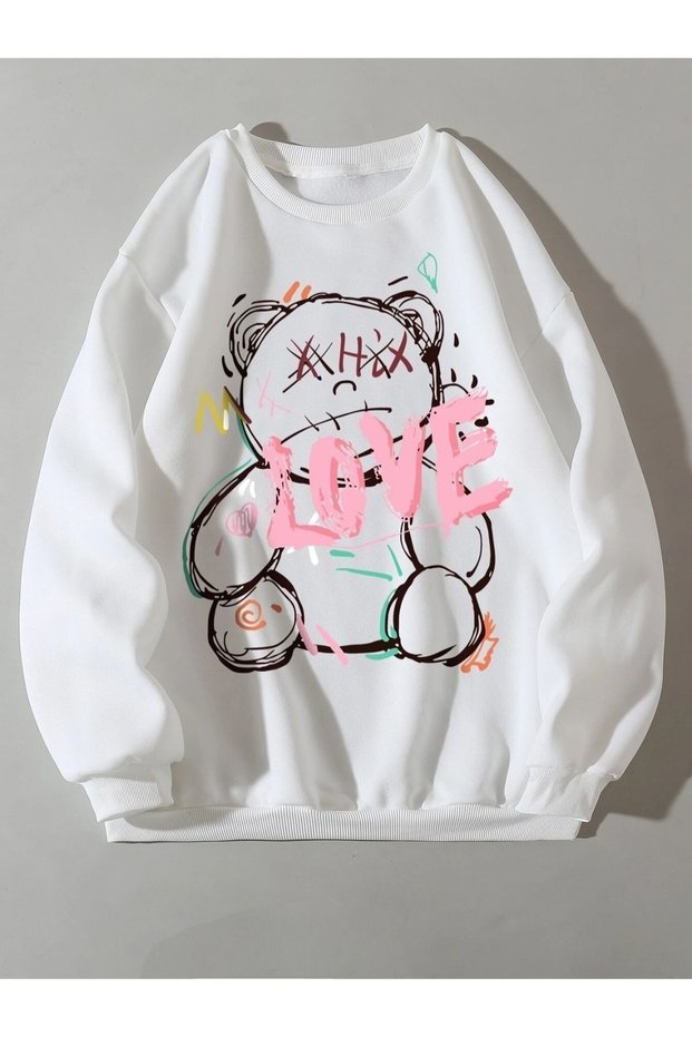 Women's White Love Teddy Bear Printed Oversize Crew Neck Sweatshirt