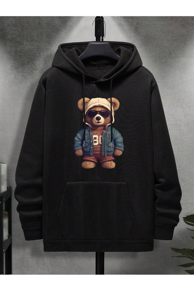 Unisex Black Bear with Glasses Printed Hooded Hoodie Sweatshirt
