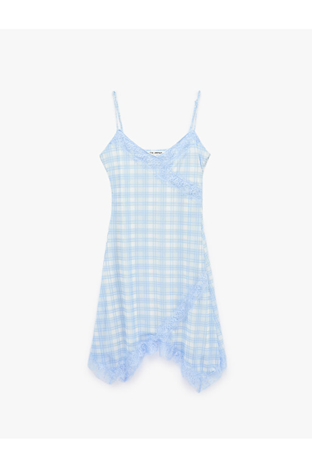 Asymmetrical Cut Lace Detailed V-Neck Strappy Checkered Tulle Dress