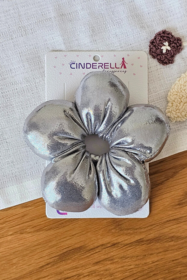Metallic Silver Daisy Puff Scrunchie Rubber Hair Tie 10 cm - Fluffy Elastic Bagel Hair Bun Clip