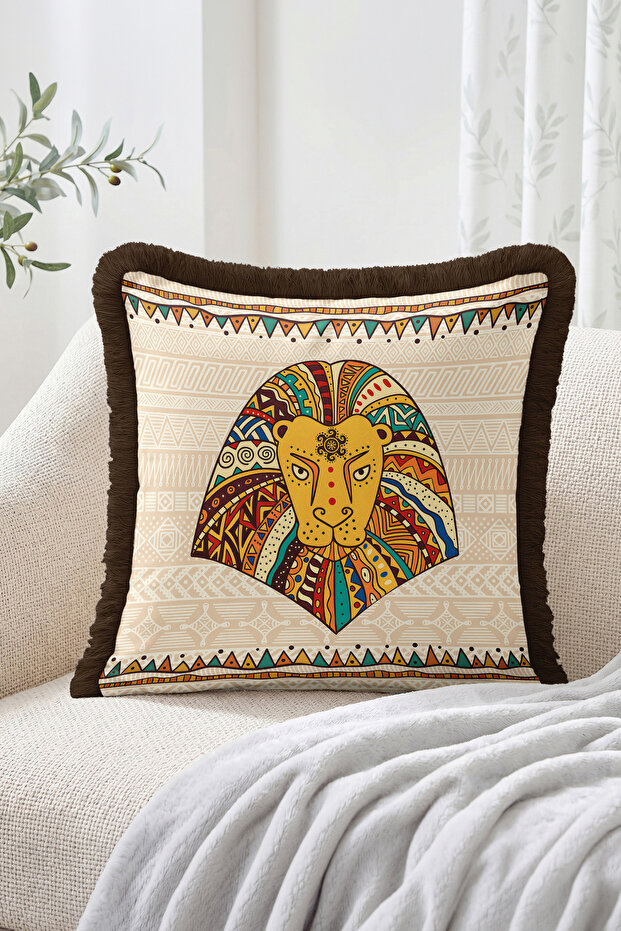 Ethnic Lion Figured Geometric Motif Patterned Fringed Throw Pillow Cover - Bohemian Tassel Pillowcase