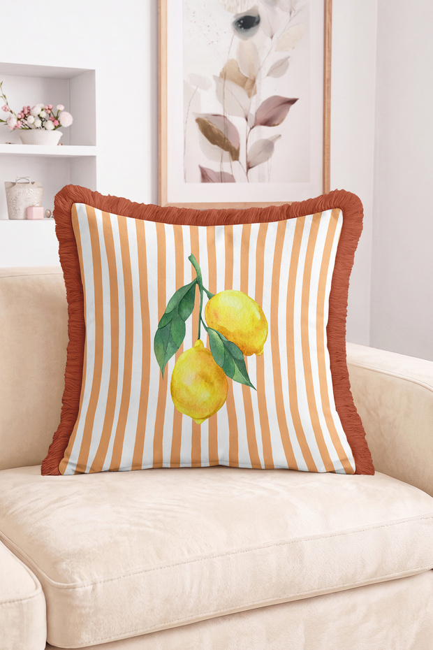 Watercolor Lemon and Leaf Figured Striped Patterned Fringed Throw Pillow Cover - Modern Tassel Pillowcase