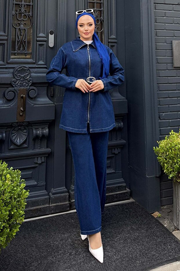 Vera Zippered Denim Suit Dark Blue 19298