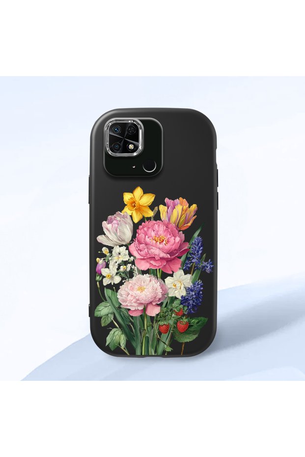 Redmi 10C Compatible Case Camera Protective Black Silicone Couple Phone Case with Floral Pattern