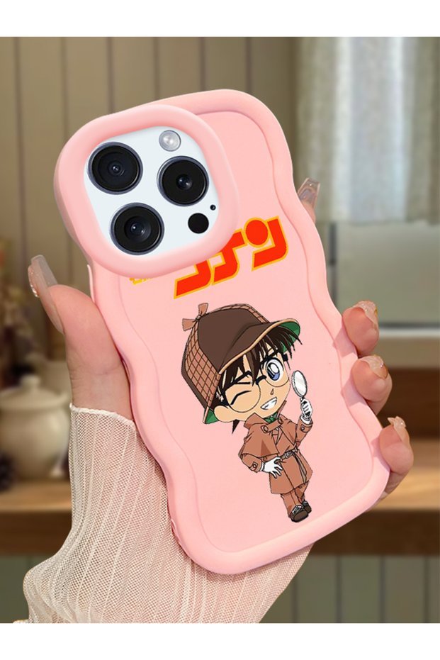 iPhone 14 Pro Max Compatible Case Camera Protector Pink Silicone Couple Phone Case Conan Pattern