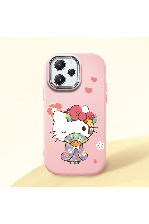 Redmi 12 Compatible Case Camera Protector Pink Silicone Couple Phone Case with Kitty Pattern