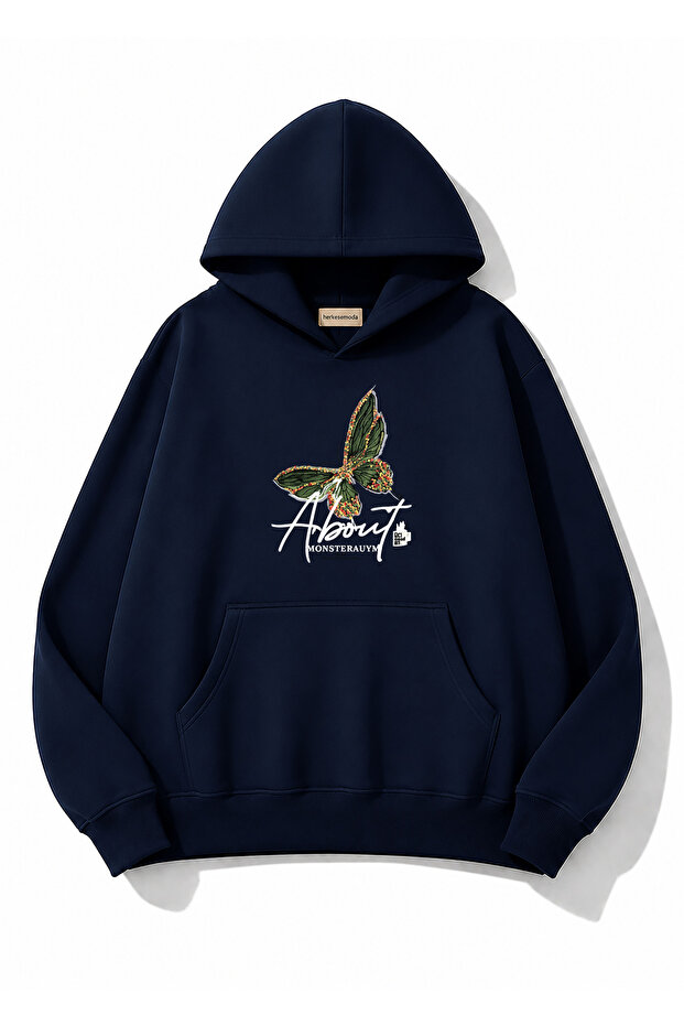 Green Butterfly Printed Hooded 2 Thread Threaded Sweatshirt
