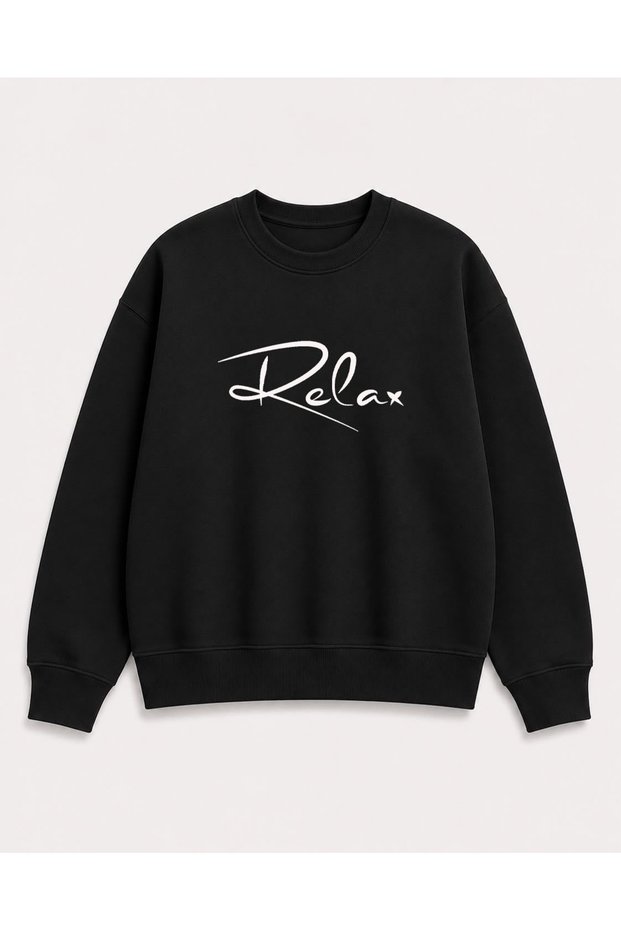 Relax Lettering Print Detailed Embroidered 2 Thread Crew Neck Sweatshirt