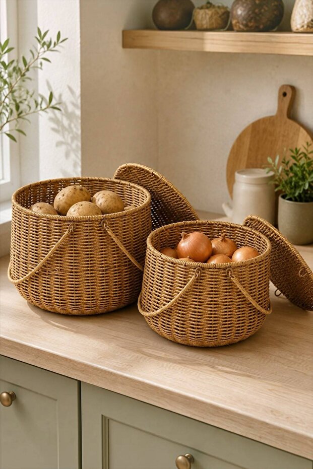 Rattan 9184 2-Piece Deep Basket with Handles - Potato and Onion Basket with Lid, Multi-Purpose Organizer Basket