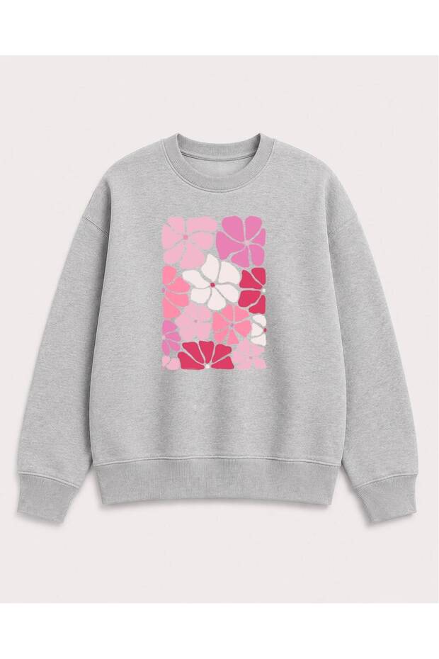 Colorful Flowers Printed 2 Thread Threaded Crew Neck Sweatshirt