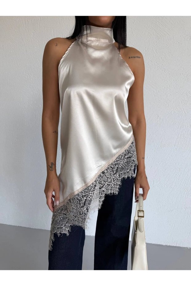 Women's Cream Halter Neck Lace Embroidered Asymmetrical Satin Blouse Hzl26S-Fry123901