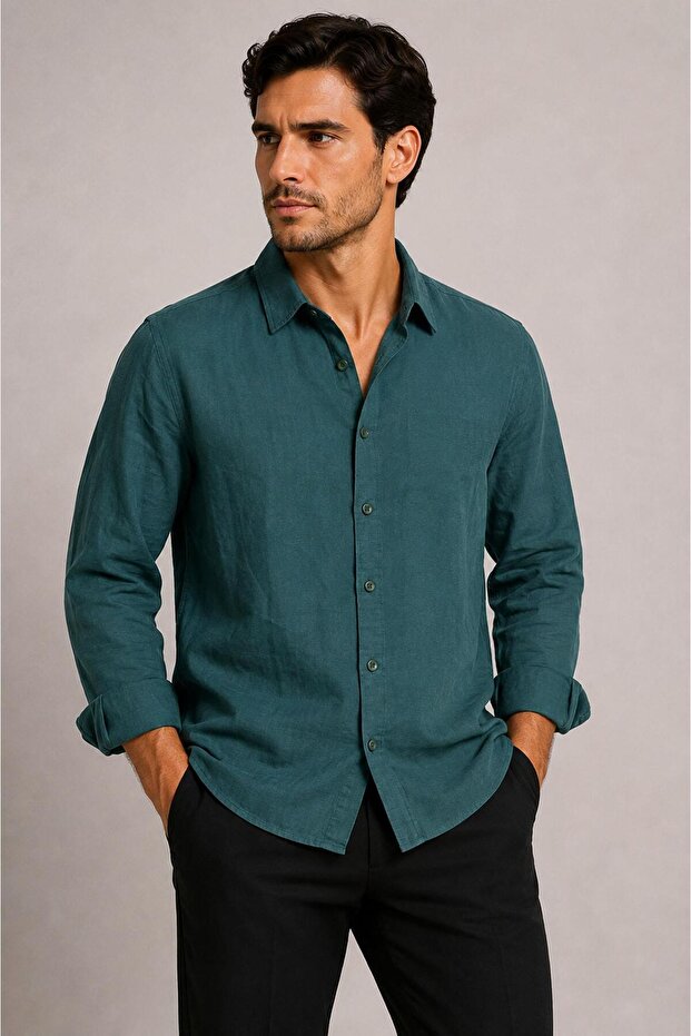 Huffa Men's Linen Regular Loose Long Sleeve Shirt 7679