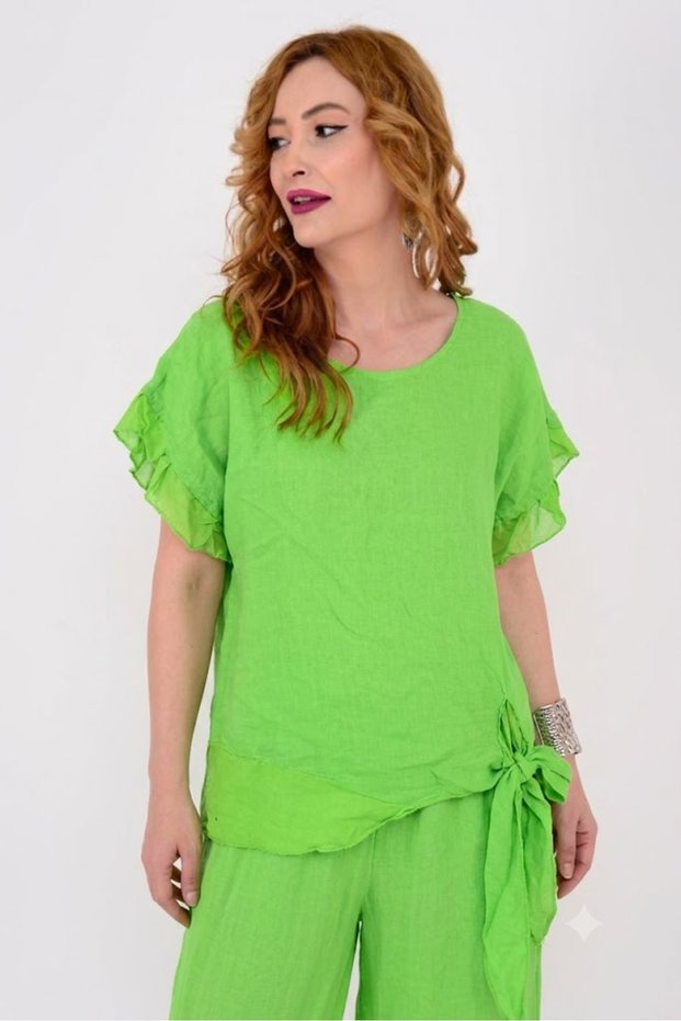 Women's Italian Tie-Back Silk Detailed Linen Blouse