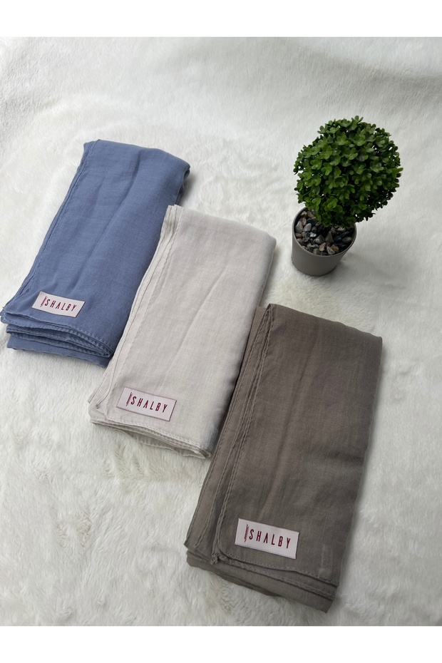 Hijab Plain Cotton Crash Shawl Set of 3 (Blue - Milk - Clay)